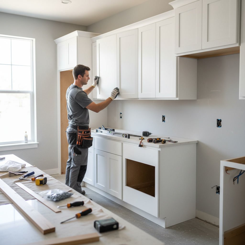 Contractor installing custom cabinets during full remodeling project in Waterford home