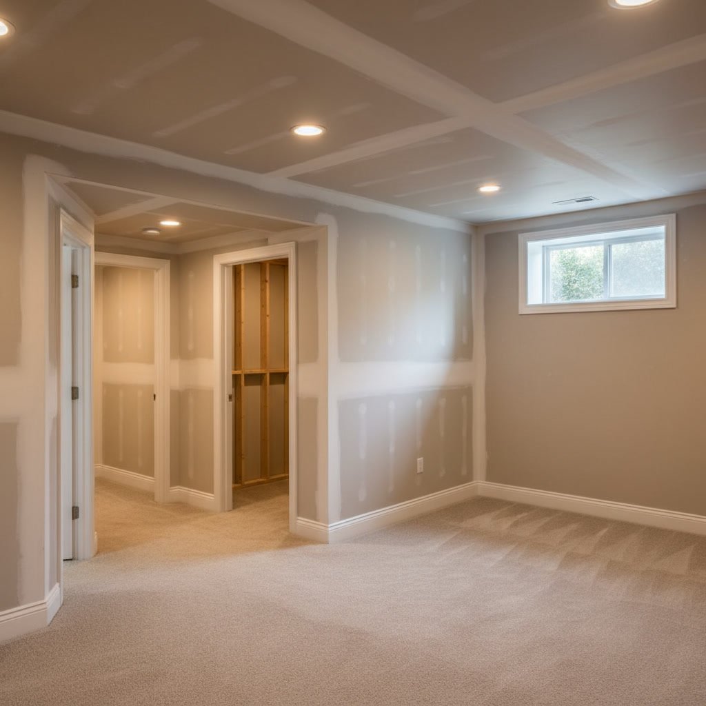 Finished basement with carpet flooring and recessed lighting in Waterford MI